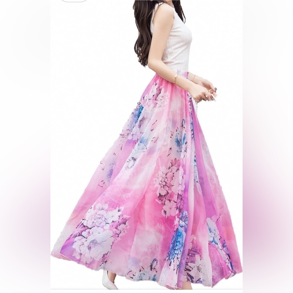 Afibi Full Maxi Skirt Chiffon Fully Lined Pink and Blue Fairy Faerie Size 3XL - Picture 5 of 14
